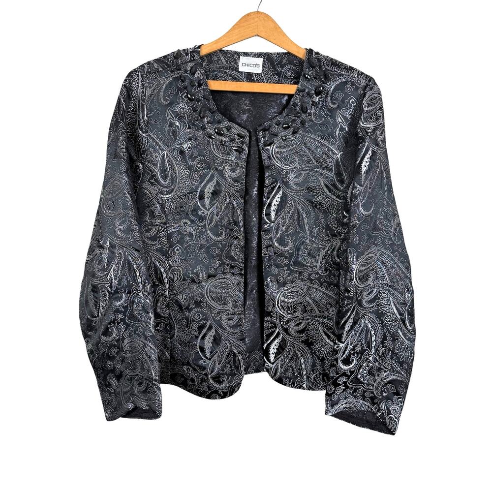 Chico's Women Floral Open Jacket Blazer Sz 12-14**READ Beaded Dark Romantic